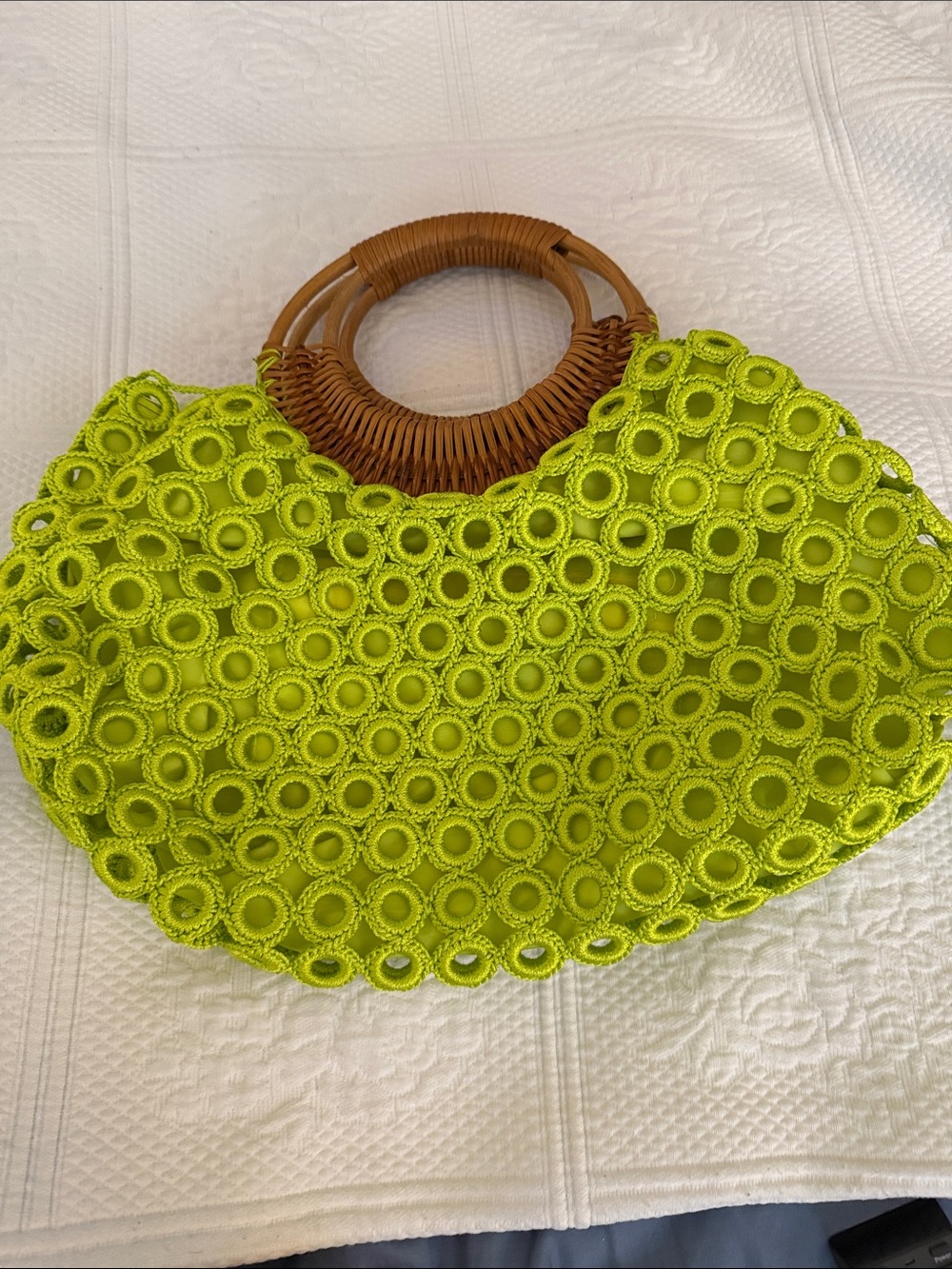 Bright Lime Crochet Tote with Woven Bamboo Styled Handles